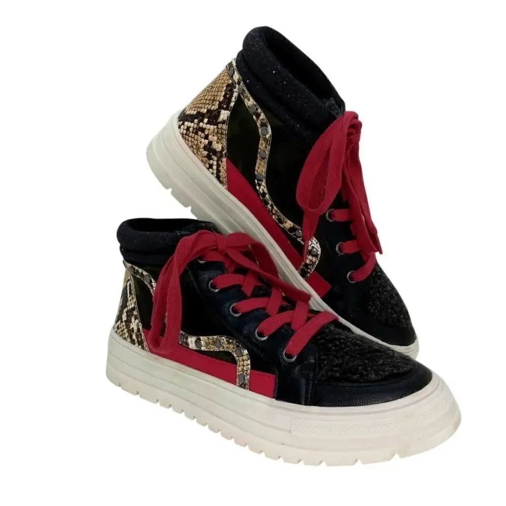 Jessica Simpson Womens Designer Pre-owned Red/Blk Snakeskin HiTop Sneakers-sz. 7